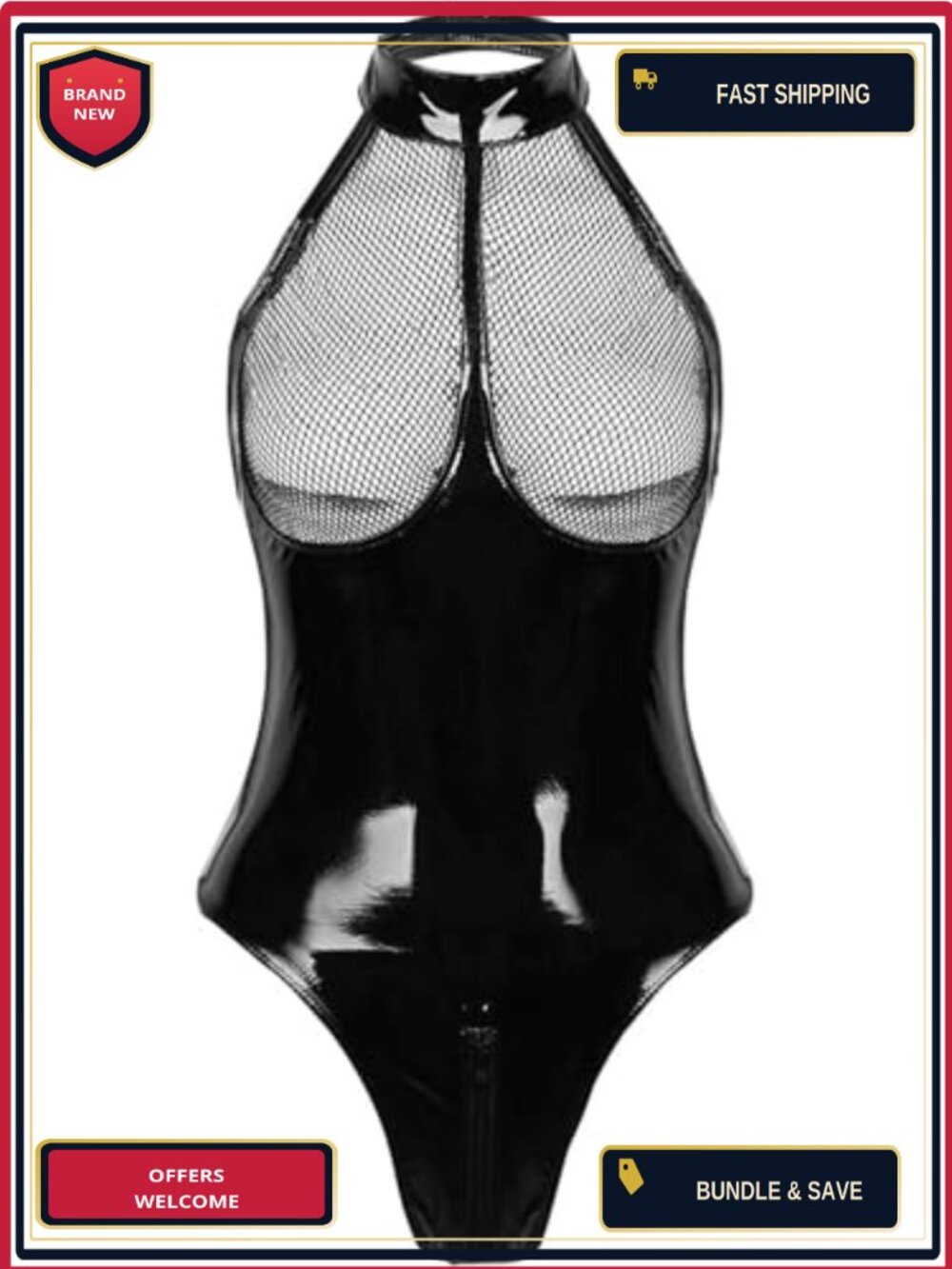 PU Leather Mesh Halter Bodysuit Wetlook Clubwear Teddy